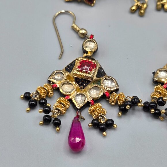 Gold Tone Red Stone Dangle Earrings Bundle Thai Balinese Boho - Picture 3 of 8